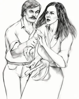 dibujo realista en grafito mujer 35 años pelo suelto negro, vestida en robe, discute con hombre 50 años con bigote, la toma del brazo amenazante, iluminacion suave desde arriba, mirada enojada