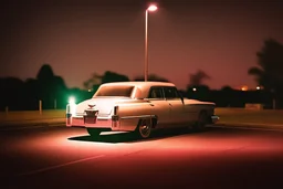 Coche Cadilac americano en mitad de la noche tan sólo iluminado por una farola y los faros del coche, imagen al estilo del fotógrafo Hugo Alonso