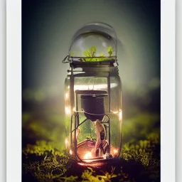 glowing Garden Pixies and Fairies in a lantern, many fairy lights inside a belljar, ghostly lights, polaroid, symmetry, bioluminescence, luminescent glow, moody, tender, photorealistic, octane render, golden hour,MTG,digital painting,by Anna Dittmann