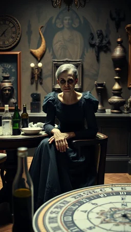 Persons flash photo, 1980 horror movieshot, sitting on a chair, table, bottle, eaging, dine, odd objects in background, persone con sorriso falso e occhi grandi, tenebroso, macabro, interno museo, fiotti di liquido nero che zampillano, hypermaximalist, Hieronymus Bosch style, strangeness, sundial light, intricate, albero, hypnotic, very accentuated details of the dress and skin, eerily mysterious, artistic photo, shot on Hasselblad, sadness, follia