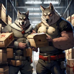 a chubby anthropomorphic wolf-man wearing t-shirt pants and red belt around his waist looking at several item lists in his paws in a large warehouse, around some boxes and wooden crate, an another anthropomorphic wolf-man just half visible in the doorway as he looks at him, detailed, realistic, sci-fi, anthro mood, fantasy