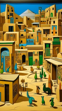A tan underground mining village designed in ancient Egyptian pottery painted by Stuart Davis