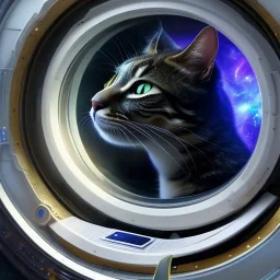 hyper-realistic spaceship interior with a cat looking at a floating astronaut, milkyway view through porthole behind them, 8k resolution, high-quality, fine-detail, detailed matte, intricate, 3D octane render, illustration, digital art, brian froud, howard lyon, anna dittman, greg rutowski,