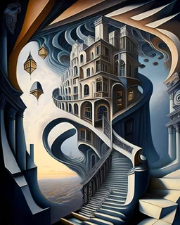 A captivating, surrealist painting of a gravity-defying, Escher-inspired building with multiple perspectives, impossible staircases, and fantastical elements that defy the laws of physics, set within a dream-like landscape.