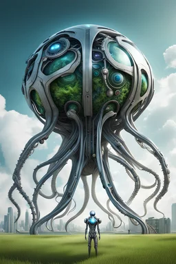 gigantic super computer looking like a metal robot squid holding a sphere fantasy futuristic concept art, standing like a gigantic building on a grass-continent