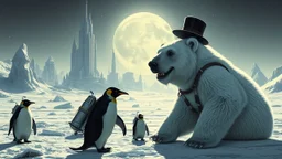 buster keaton as unstable polar growlar bear on the planet of Ceres, with some penguins with rocket backpacks and astronauts, in front of ice megapolis
