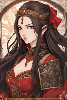 woman with long brown hair and red eyes, medieval concubine, anime style, highly detailed, intricate background, red and black clothes, confident, arrogant