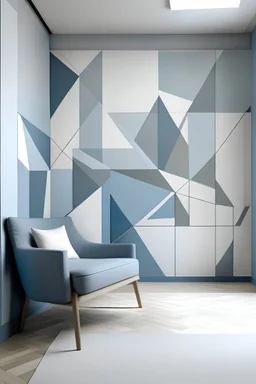 Create handpainted wall mural with geometric planes intersecting at dynamic angles, inspired by Vorticism. Choose cool and contemporary colors like gray, white, and icy blue for a modern and sophisticated look."