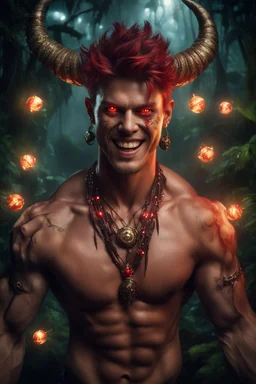 HYPER REALISTIC PHOTOGRAPHIC Middle Angle View Of A Handsome Muscular Young Man With Ritualistic Costume With Bone Necklace Unleashing Glowing Magic Balls, With A Fierce Devilish Smiling Expressions On His Face With Glowing Red Eyes With Short Messy Maroon Hair & Golden Horns In A Dark Dense Jungle At Dark Night With Fireflies Showing Dramatic & Cinematic Ambiance