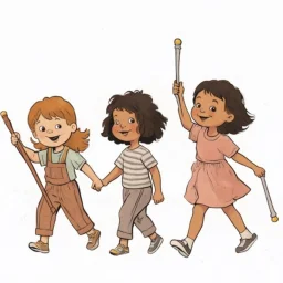 children joyfully walking. Left most child is carrying a parade leader's staff. Right most child is holding drumsticks. children's book illustration