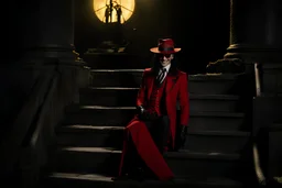 Still frame of Tom Hiddleston as Alucard from the live action "Hellsing" movie based on the anime of the same name. He is wearing his signature red hat and yellow glasses, while laughing in the moonlight.