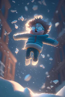 cartoon boy falling from sky on a snowy night, 3 d render, photorealistic, octane, 8 k, pixar - clip art by chris ware, beeple style, cg society contest winner, unreal engine, deviantart, ray tracing, global illumination