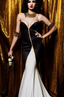 Portrait emo bride with piercings in skin-tight black dress, full body shot, full-color long shot, gold lipstick pale face, gold eyeshadow