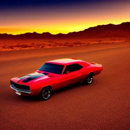 muscle car, desert road, sunset, full colour,