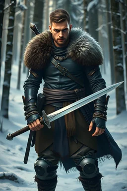 super realistic, warrior, rugged, dark blue eyes, tall, leather and fur, young man, show whole body, show full body including legs, holding a sword, background is a snowy forest