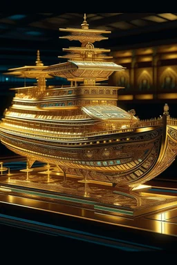 A giant space ship out of this world with intricate gold patterns,surrounded by reflective water pools and soft ambient lighting. 3D metallic finish, Indian and Asian heritage theme."