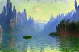 Mountains, Cyberpunk buildings, lake, science fiction, concept art, realistic vision, claude monet impressionism painting