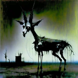 "Skinny Puppy" album cover, spirit Ogre wane goat tell deafen key, by Wilfredo Lam, by Stephen Gammell, weird-core landscape, social critique, sharp strong lines, ominous colors, scary hues, wicked illusions peaking from a dark industrial background, volumetric lighting, pro-animal activism