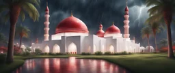 Hyper Realistic massive huge white-red mosque at a rainy night with grassy pathway, palm trees & Thunderstorm