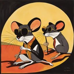 Three blind mice, dark sunglasses, dramatic, warm colors, dynamic diagonal composition, by Tomi Ungerer, color ink illustration, concept art, warm colors, opulent shadows, by Colin McCahon