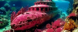 A pinkish purple and reddish underwater reef with a submarine designed in cave paintings painted by Jackson Pollock