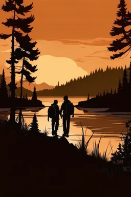 drawing Two silhuet hikers walking on a track near a lake in the forest, in a mountaion setting in sunset. the edge of the picture made with small outdoor related drawing.