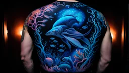 An amazing deep sea creature scene tattooed onto a human back in bioluminescent tattoo ink on a black background under UV light, high contrast, detailed, intricate, vivid, and vibrant.