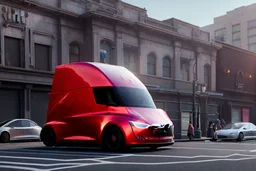 A Tesla 'Semi' (semi truck) is going at a high speed, near the building of the 'Friends' series in New York. (CINEMATIC, WIDE ANGLE LENS, PHOTO REAL)