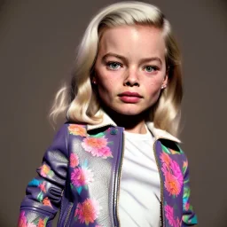 Margot Robbie toddler, full body, leather jacket, floral shirt, floral skirt, shoe, soft skin, dramatic lighting, hyper realistic