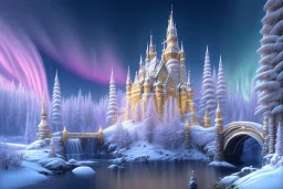  white and gold crystal castle，waterfall, winter snow flakessnow, northern Lights, full of details, smooth, bright sunshine，soft light atmosphere, light effect，vaporwave colorful, concept art, smooth, extremely sharp detail, finely tuned detail, ultra high definition, 8 k, unreal engine 5, ultra sharp focus