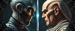 Close-up confrontation between an ancient alien outcast leader synth and a space broker, standing only a meter apart, intense eye contact, glowing crystalline rod between them, anger mixed with sadness, dramatic facial expressions, shallow depth of field, cinematic lighting, stylized 3D anime, airbrush painting, crisp outlines, , rembrandt , black swirly border with sacred geometry, characters drawn in front of border