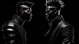 two Afro-American males facing each other in profile, confrontational stance, high-contrast black and white, deep shadows, bright rim lighting, dark studio background, punk spiked mohawk hairstyles, metallic reflective jackets, skin highlights, intricate chrome ear frames and jawline exoskeleton jewelry, biomechanical ear cuffs, sculptural contours, sharp silhouettes, cinematic low-key photography, cyberpunk aesthetic, symbolic duality, tension, dramatic