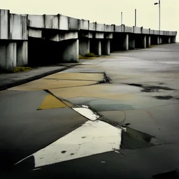 Minimal abstract oil painting in a desolate 1960s carpark concrete fragments and road markings. Broken pipes. Blurry outlines. In the style of Justin Mortimer and Francis Bacon.