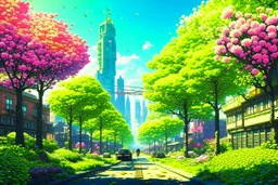 city, flowers, trees, sunny day, spring, sci-fi, cyberpunk influence