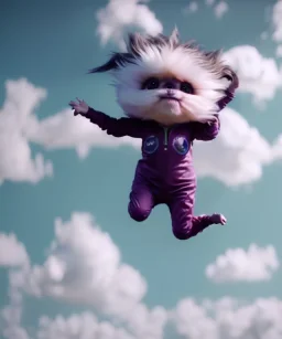 Ultra realistic clouds sky scene, wide angle, sweet childs falling down, inflatable color clothing, free jumping flying, many trinkets, monster hair, hair monster, many jelly beans, balls, smile, happy, circus style, extreme, wind, clouds sea, 20,000 feet altitude, stratosphere, soft color, highly detailed, unreal engine 5, ray tracing, RTX, lumen lighting, ultra detail, volumetric lighting, 3d, finely drawn, high definition, high resolution.