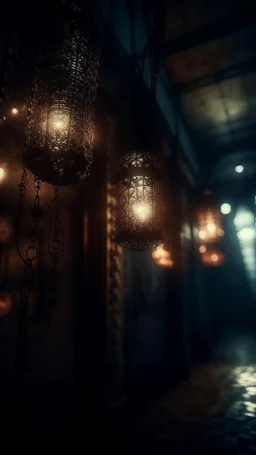 Si-Fi, The permanent under atmospheric lighting effects, intricate historical moody atmosphere, eerie grimdark ambiance, speculative fiction art. Bokeh