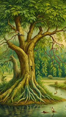 Bosch painting style , old willow tree by the river , a lovely ducks is swimming in the river