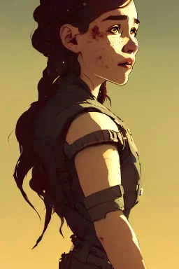 Highly detailed portrait of emilia clarke cyberpunk young lady with, freckles and wavy hair by Atey Ghailan, by Loish, by Bryan Lee O'Malley, by Cliff Chiang, by Greg Rutkowski, inspired by image comics, inspired by graphic novel cover art, inspired by nier!! wooden farm color scheme ((farm background)), trending on artstation