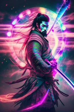 Mystical samurai emitting an aura with a long, neon sword emitting an aura