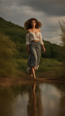 full body shot of a very beautiful lady curly hair, walks in the country side with a narrow river with clean water and nice rocks on floor. The trees and wild flowers .