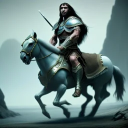 conan the barbarian as a conquistador riding a horse, uhd, realistic Epic cinematic brilliant stunning intricate meticulously detailed dramatic atmospheric maximalist digital matte painting, deep color, fantastical, intricate detail, splash screen, complementary colors, fantasy concept art, 8k resolution trending on Artstation Unreal Engine 5