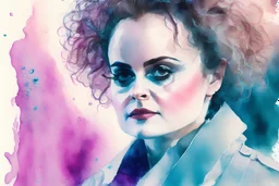 a watercolor painting of a powerful-looking Helena Bonham Carter, a lab coat, experimenting with chemicals experimenting with chemicals, and a gradient background in shades of pink or blue.