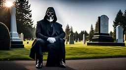 photo of a hoodless grim reaper wearing a suit, highlighting shiny areas of the skull, sitting outside a cemetery with a welcome sign, wearing suit, rim lighting, studio lighting, looking at the camera, dslr, ultra quality, sharp focus, tack sharp, dof, film grain, Fujifilm XT3, crystal clear, 8K UHD, clean, orange evening lighting