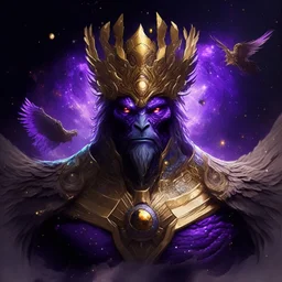 A creature with a combination of eagle and human head God-like man with infinite power who owns the galaxies and wears a beautiful crown with thanos Infinity Gauntlet