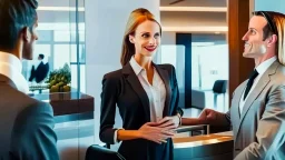 creepy man flirting with scared female hostess at entrance of exclusive airport lounge