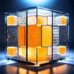 a futuristic translucent neurocube, inside the cube there are partitions made of honeycomb plates