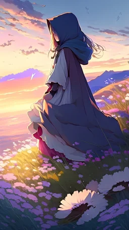 anime picture of a young girl kneeling. She wears a long cloth cape that covers his face and hair. She wears large and closed clothes. She prayed to God on a hill full of flowers. dawn background
