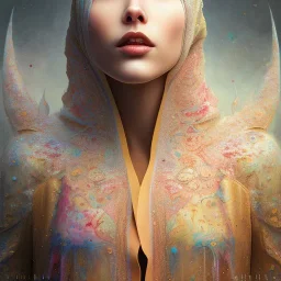 dripping, runnt, melting watercolor painting as woman's face, wearing hijab, fine detail, highly intricate, modern surrealism painting, fog, high-quality, volumetric lighting, 8k, ultrahd, George Grie, Marco Escobedo, Igor Morski,Brian Froud, Howard Lyon, Selina French,