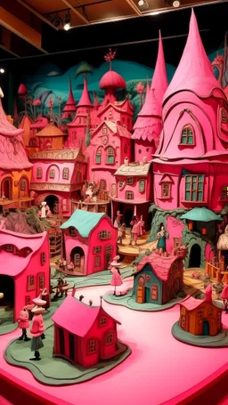 A pink magical village made out of puppets painted by Salvador Dali