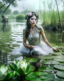 Lens focus DSLR Camera Photography full length image beautiful humanoid Pretty Girl Fairy Queen sorrounded full of lotus flowers leaves plenty,fullbody pretty fairy lady drown into the river swim on swampriver and the wonderful river sorrounded birds and flowers, morning heavy fog and smokes background,realistic potrait photoshoot experiences photographer